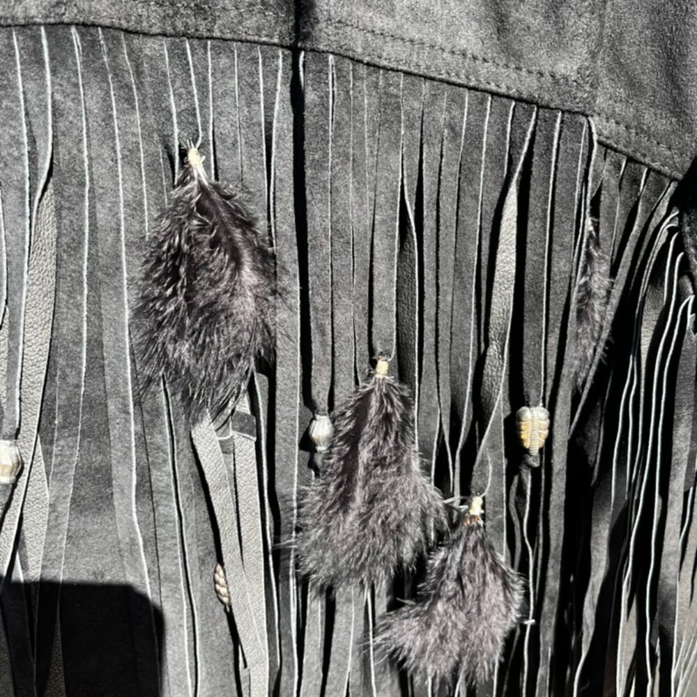 Women's Vintage (90s) Black Leather Fringe Western Duster - Picture 9 of 10